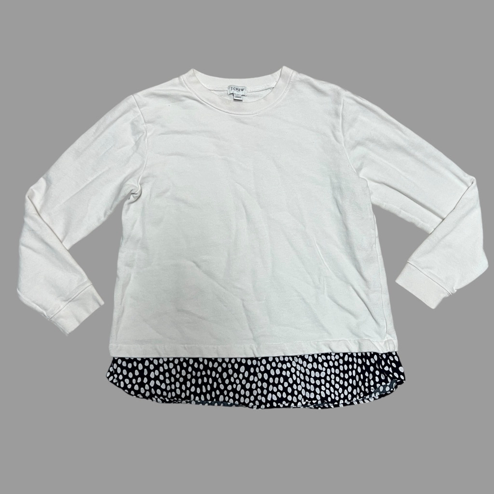J.Crew White & Navy Polka Dot Print Accent Trim Crew Neck Sweatshirt, Small